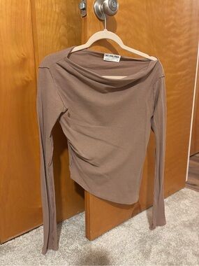 We The Free Taupe Off-Shoulder Waffle-Knit Long Sleeve Top